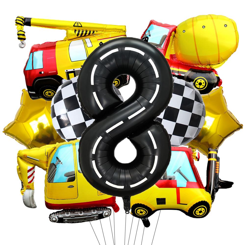 9 Pcs 1set Engineering Theme Foil Balloons With 40Inch Number Birthday Party Ballon Construction Vehicle Tractor Car Balloons