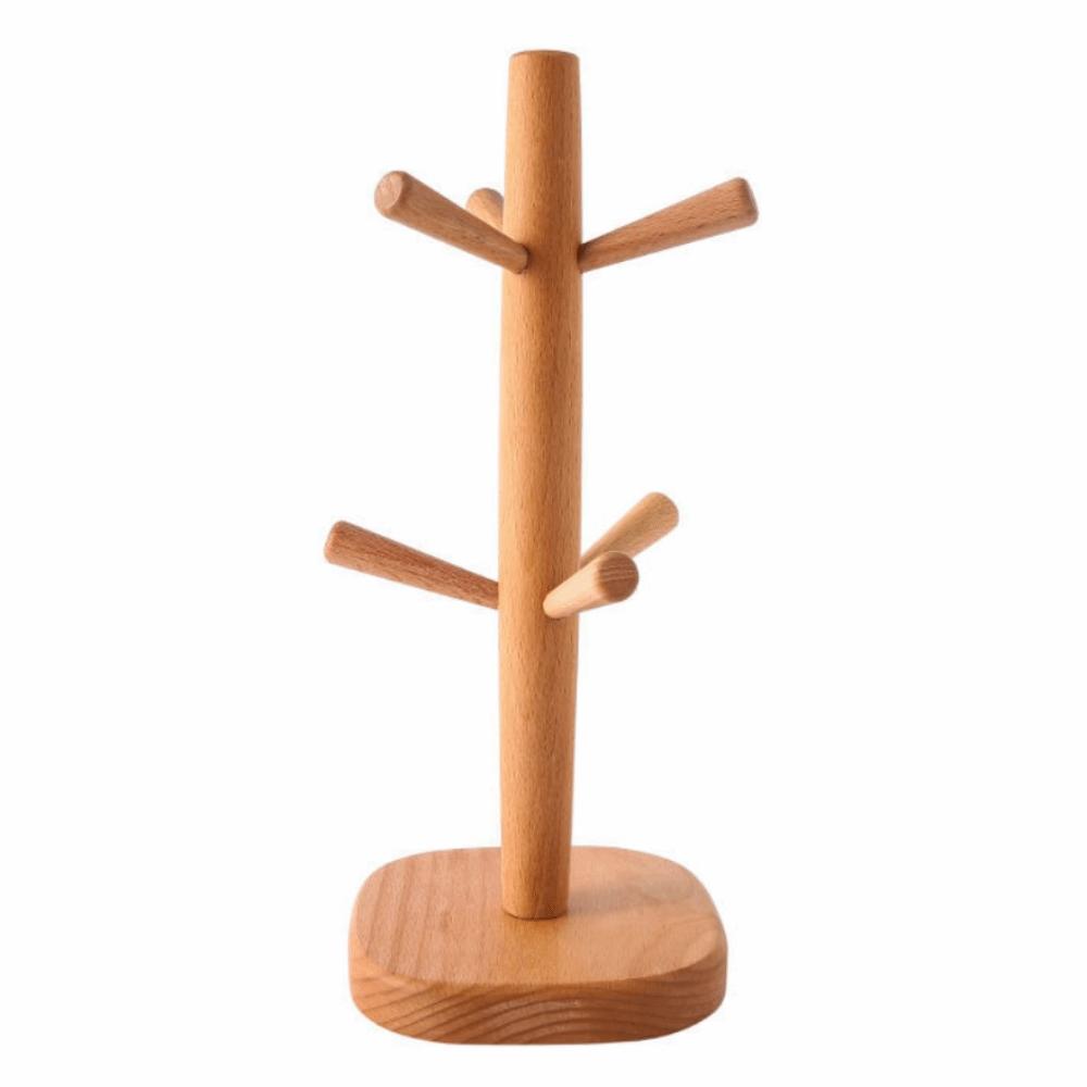 Wooden Mug Hanging Display Rack 6 Hooks Tea Cups Drainer Tabletop Drinkware Shelf  Home Decor