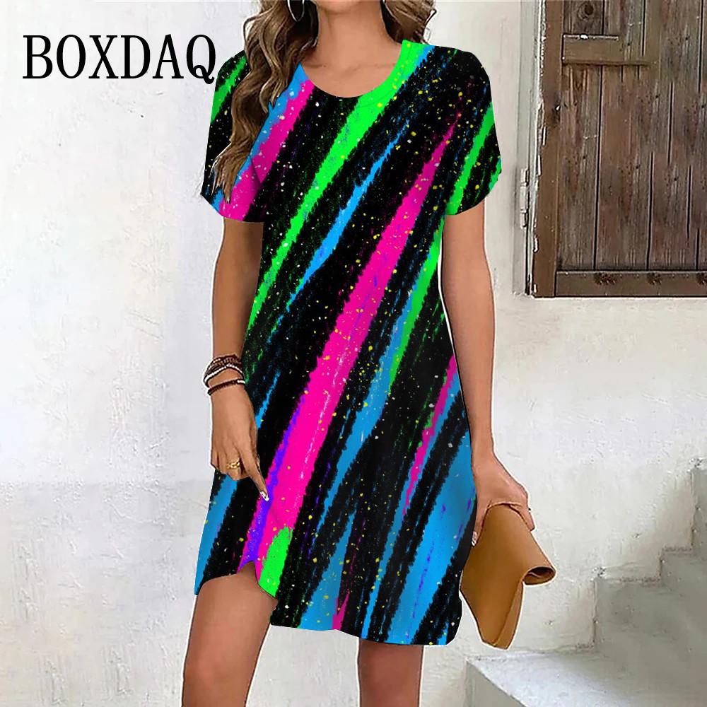 New Summer Fashion Gradient Rainbow Stripe Short Sleeve Dresses For Women Casual O-Neck Print Loose Party Clothes
