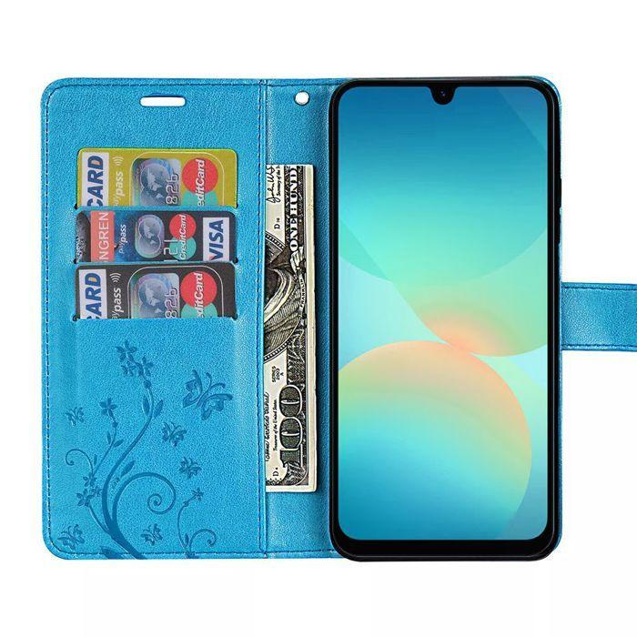 Coque pour Samsung Galaxy A27 5G, Synthécuir Anti-Rayures Bleu Motif Floral - 2 Verres Trempés