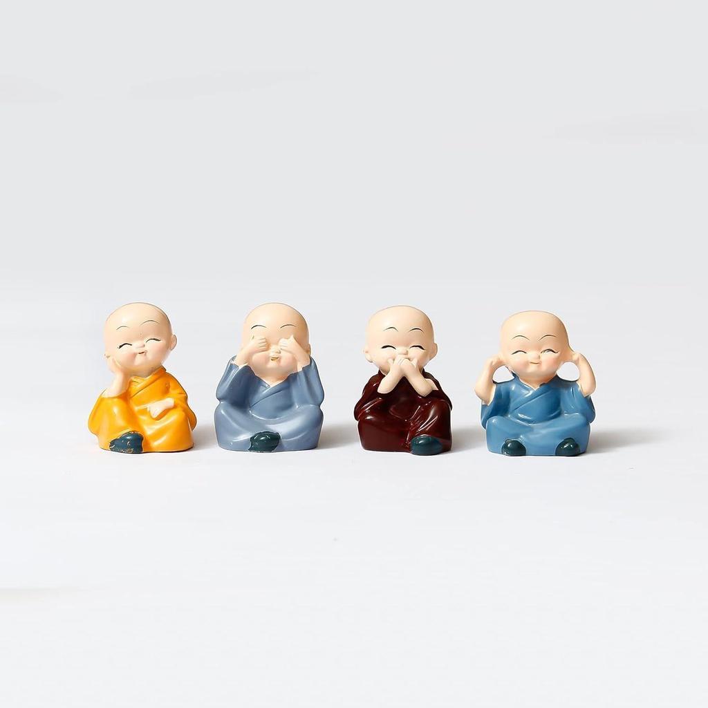 Set of 4 Little Monk Buddha Statue Think No Evil Speak No Evil Hear No Evil See No Evil Showpiece for Home Decor Living Room Office