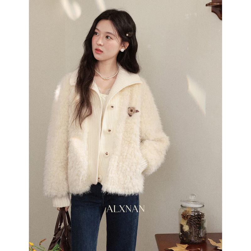 Lu Xiangnan Snowflake Cream Puff Faux Two-Piece Lamb Wool Coat S