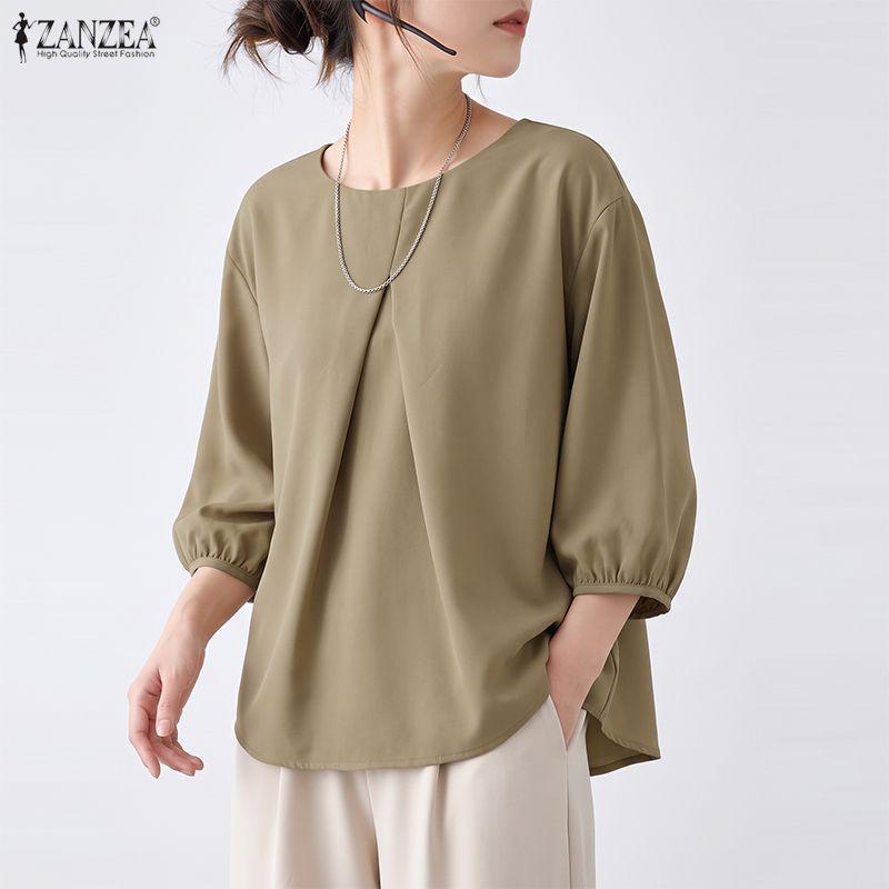 ZANZEA Lässige Bluse mit Rundhalsausschnitt und 3/4-Ärmeln für Damen