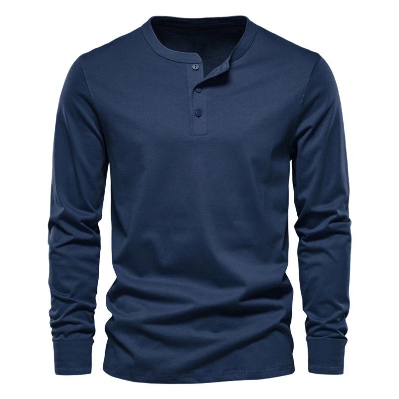 2026 European Men's Solid Color Round Neck Henley T-Shirt Long Sleeve Casual Sports Base Layer
