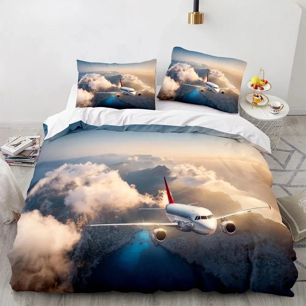 Airplane King Queen Full Duvet Cover Vintage Fighter Bedding Set For Kids Teens Adults Sky Clouds Grey 2/3pcs Soft Quilt Cover