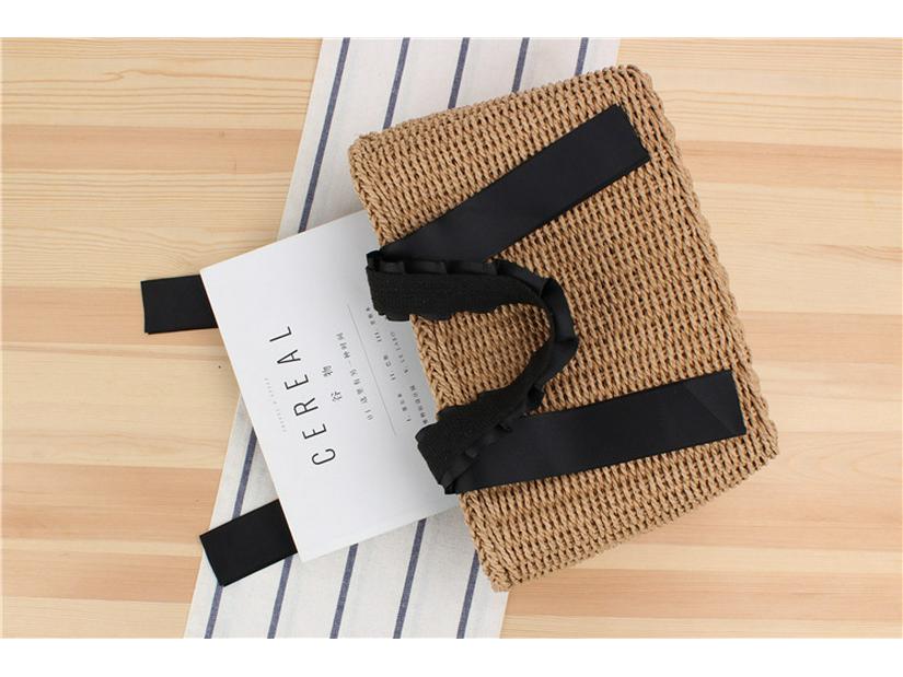 Women's Casual Beach Tote: Solid Color Handheld Paper Rope Bag with Ribbon Handle