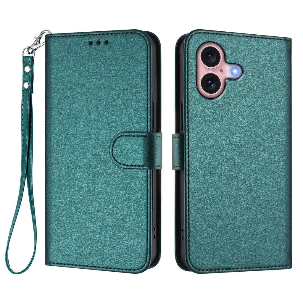 For iPhone 16 Leather Case Wallet Stand Phone Cover with Wrist Strap