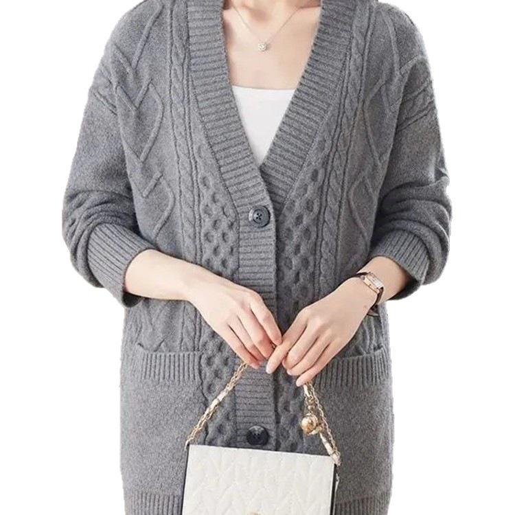 2026 A/W Women's V-neck Knit Cardigan - Mid-length, Solid Color, Loose Fit Sweater Coat