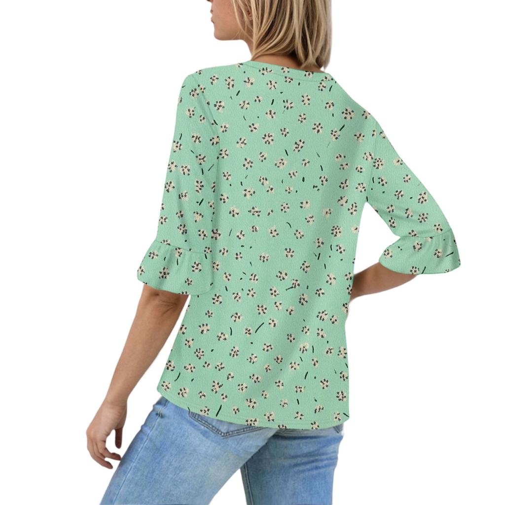 Women's Casual 3/4 Sleeve Tops V-Neck Sleeve T-Shirt Floral Print Tops