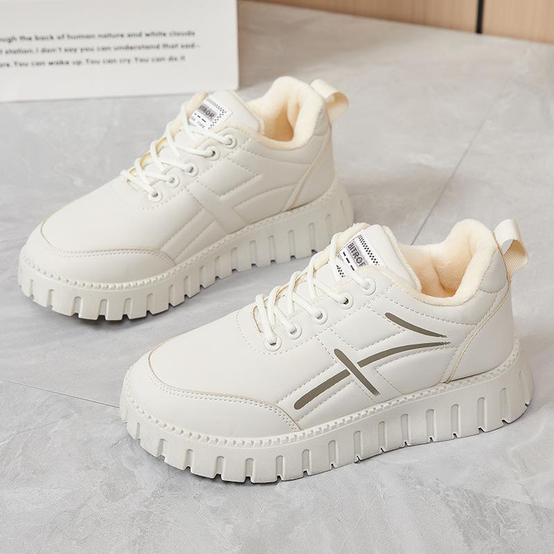 Women's Winter Chunky Platform Sneakers With Faux Fur Lined Warm Non-Slip Snow Boots Lace-Up Tennis Walking Shoes for Women Faux Leather Short Booties