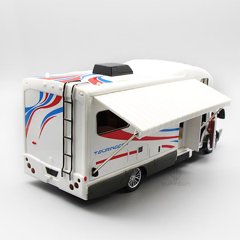 1/32 Alloy Diecast Touring Car Model Toys 3 Doors Opened Sound Light Campervan RV Trailer Vehicles Childrens Toy Gift Collection