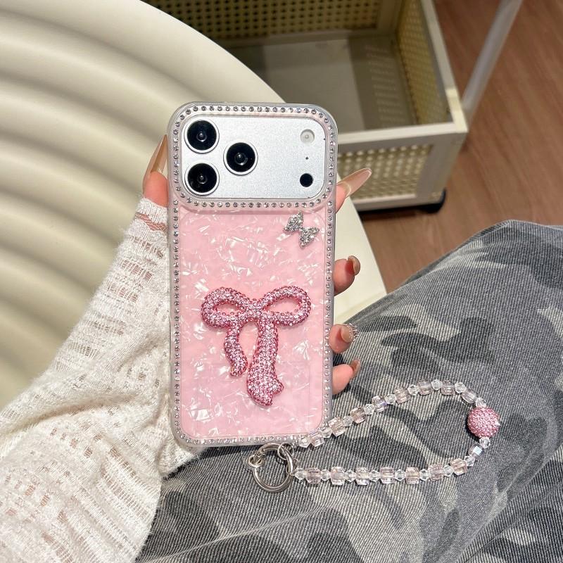 

Diamond Bowknot Case For iPhone 17 Pro Max 12 14 13 15 16 Plus Crystal Short Lanyard Chain Protect Glitter Bracelet Strap Cover for iPhone 17