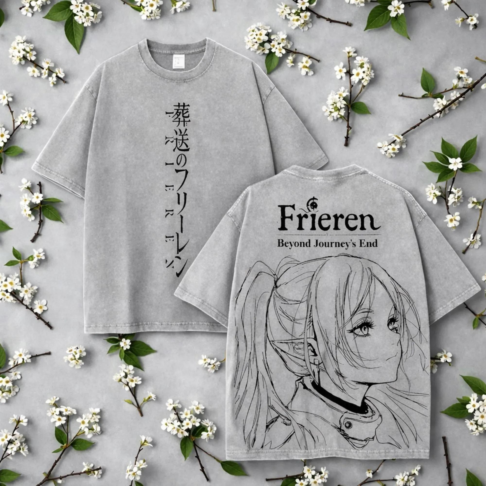 Retro Anime 'Frieren' Grafisch Gewassen T-shirt Lente en Zomer Casual Katoenen Los Top voor Mannen en Vrouwen 3XL gray