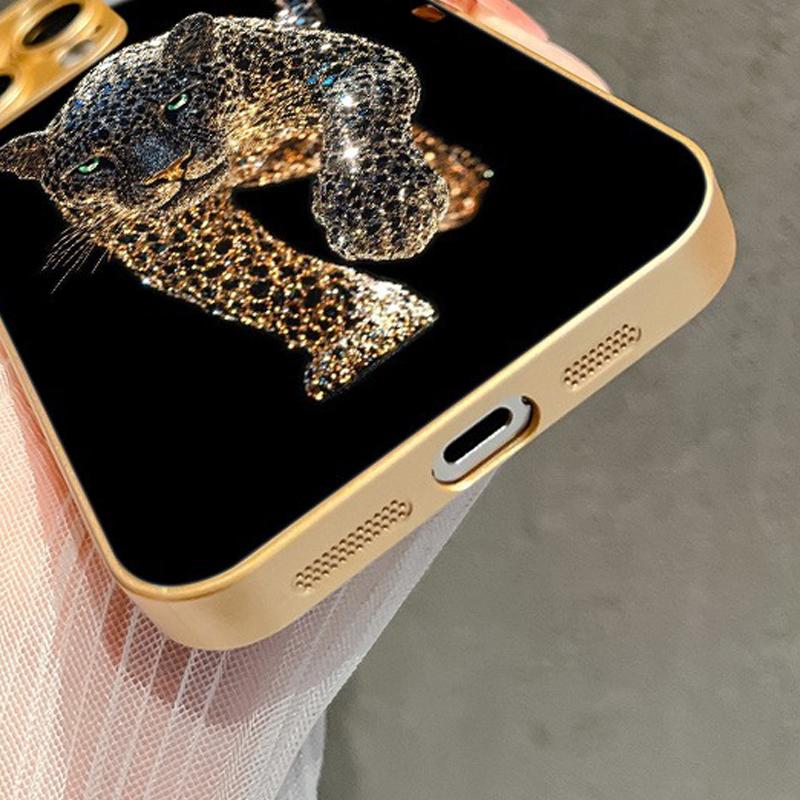 Cool Leopard Animal Print Gold Metallic Paint Glass Phone Case For iPhone 17 16 15 14 13 12 11 Pro Max 16 Plus 17 Air 16E Cover