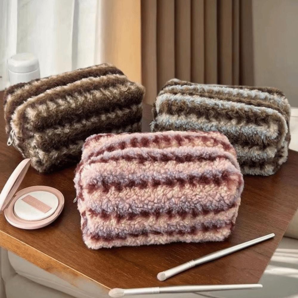 Large Capacity Plush Striped Makeup Bag Vintage Make Up Organizer Cosmetics Storage