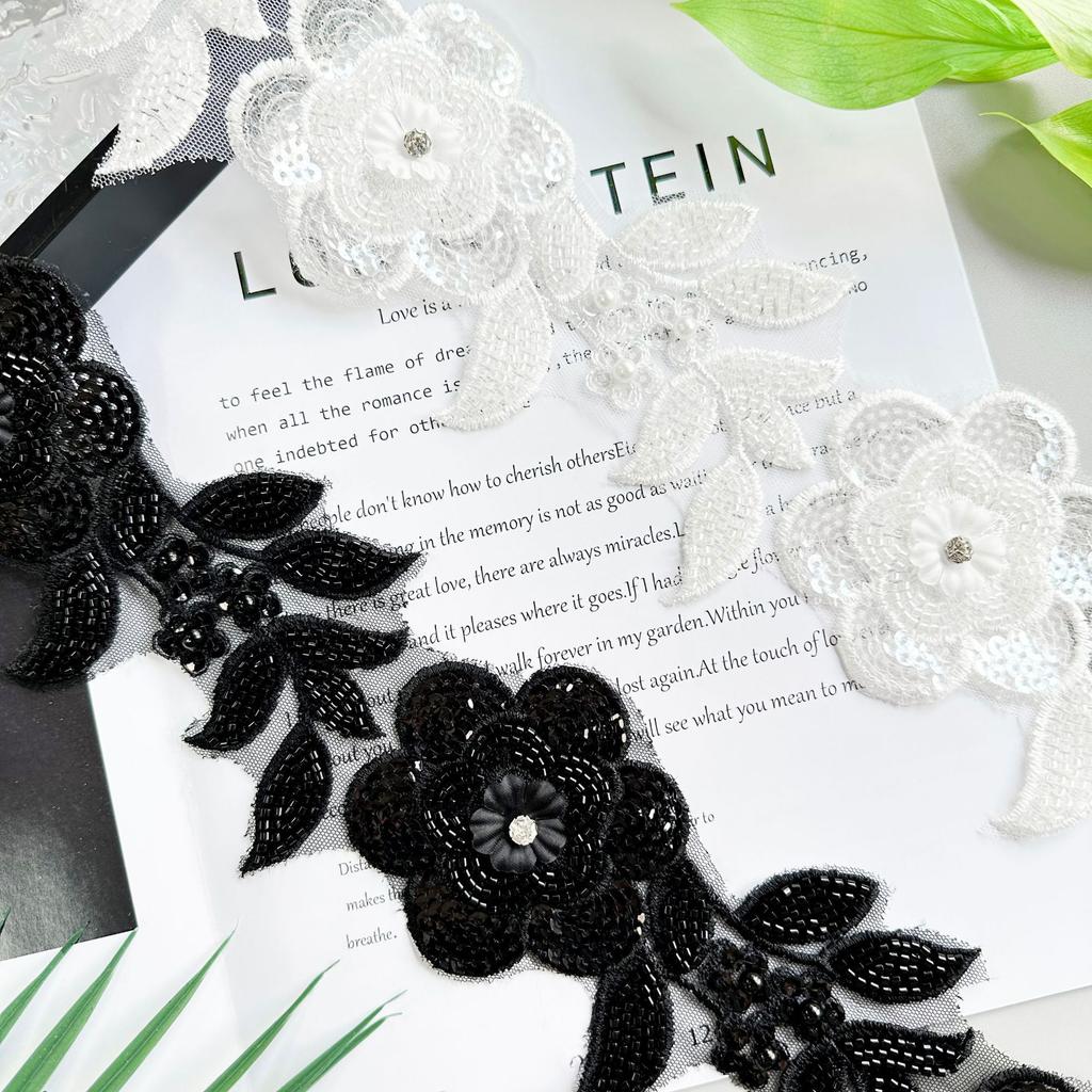 Black And White Two-Color Beaded Sequins Three-Dimensional Flower Mesh Accessories Barcode Clothing Dress Luggage Decoration Lace Accessories
