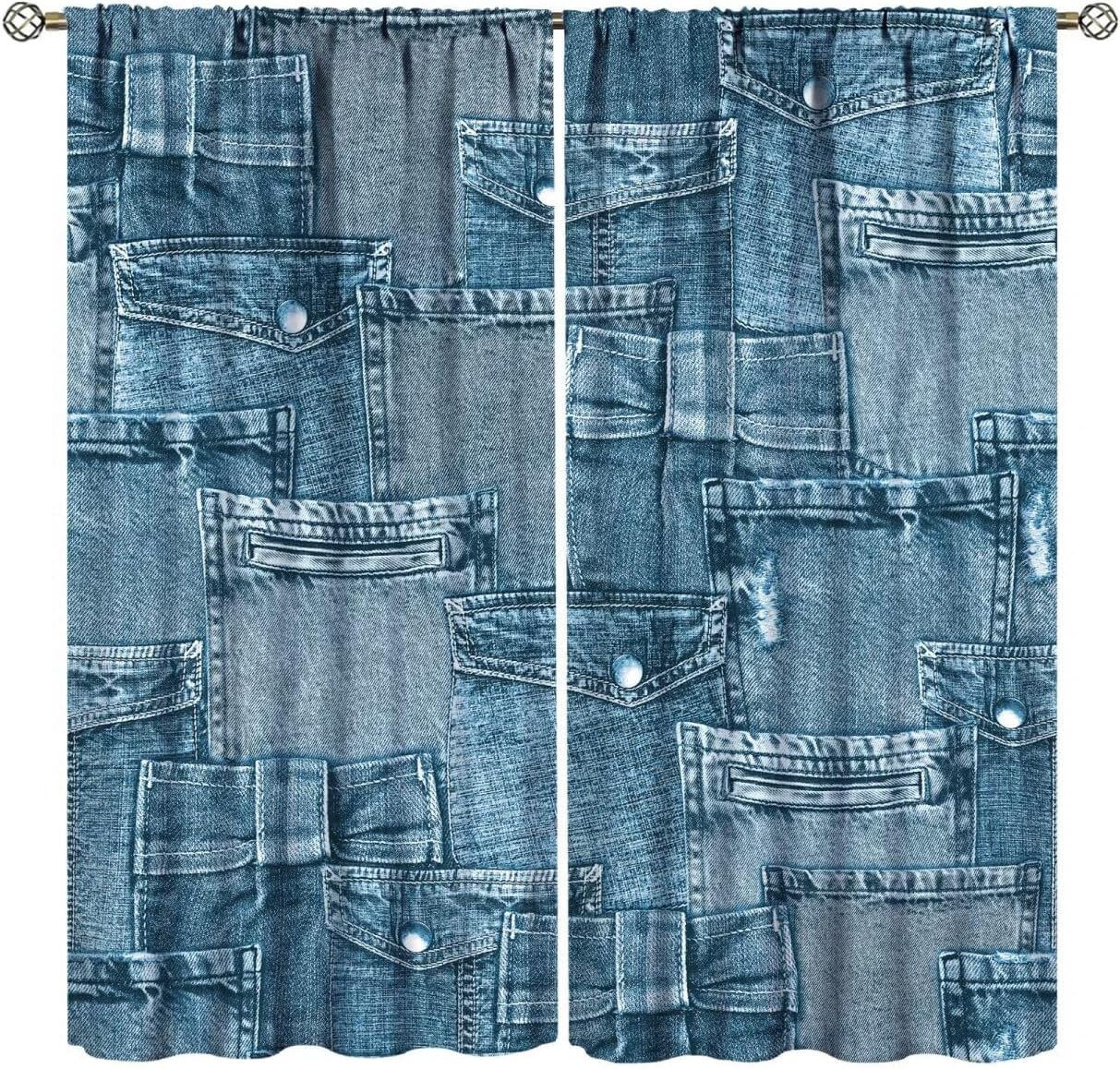 

Modern Jeans Curtains Denim Retro Western Cowboy Style Design Art Print Curtain Bedroom Living Room Home With Rod Pocket Polyester Perfect For Area W100*H130(CM)-Grommet top&2PCS