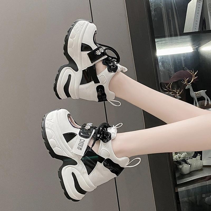 11CM Heels Women Thick Bottom Wedge Sneakers Hollow Out Gladiator Breathable New Summer Shoes Woman Bling Leather Chunky Sandals