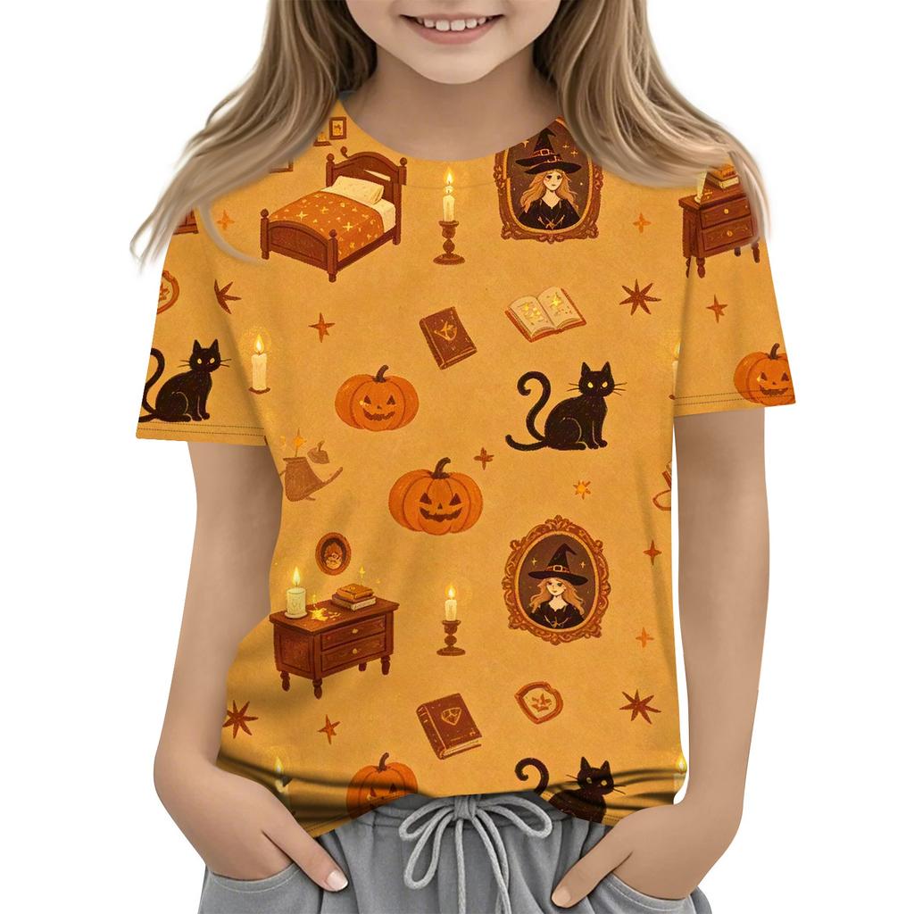 Kids Halloween Printed Short Sleeve T Shirt Casual Round Neck Tee Top Boys Girls Comfortable Fit Soft Fabric