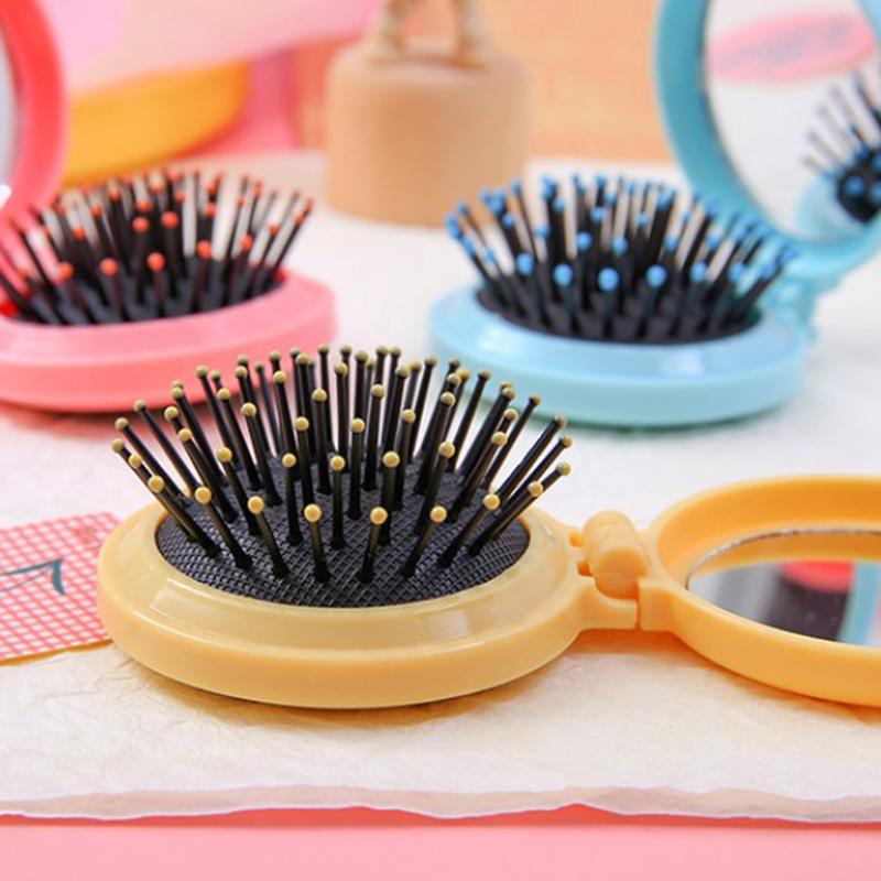 Mini Hair Comb With Mirror Foldable Comb Travel Portable Massage Women Girl Hair Brush Macaron Airbag Comb Styling Tools Gift