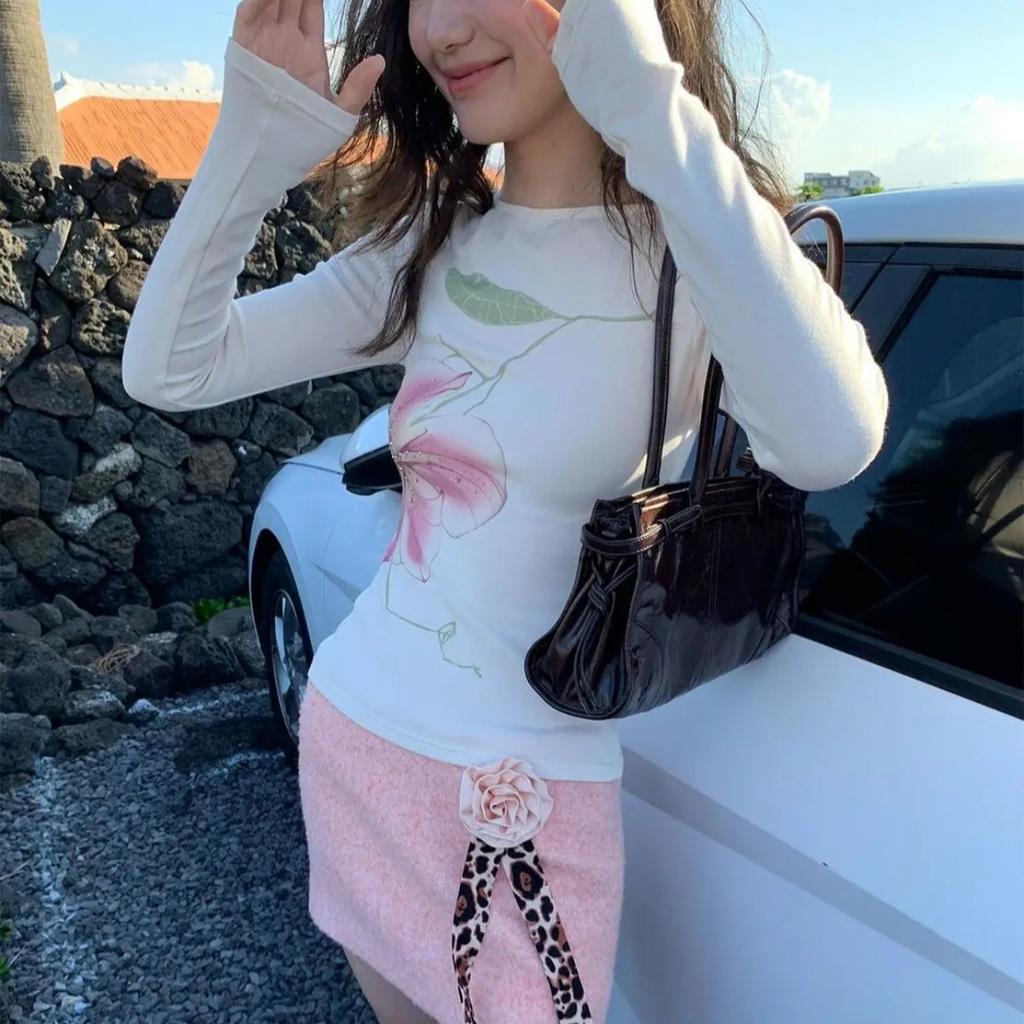 Fairycore Slim Graphic T Shirts Long Sleeve Korean Fashion 2000s Clothes Y2k Women's T-shirt New Tops Tees