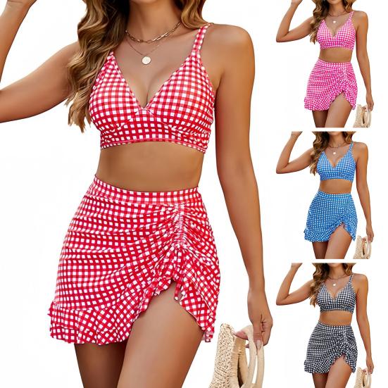 2Pcs/Set Women Bikini Set Dot Print V-Neck Sling Bra High Waist Side Ruched Ruffle Trim Swimming