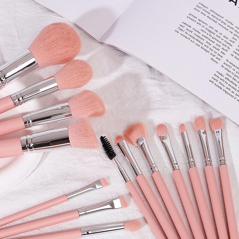 14-Piece Half-Sugar Pink Makeup Brush Set: Portable Powder, Foundation, Blush, Eyeshadow, and Concealer Brushes with Soft Bristles