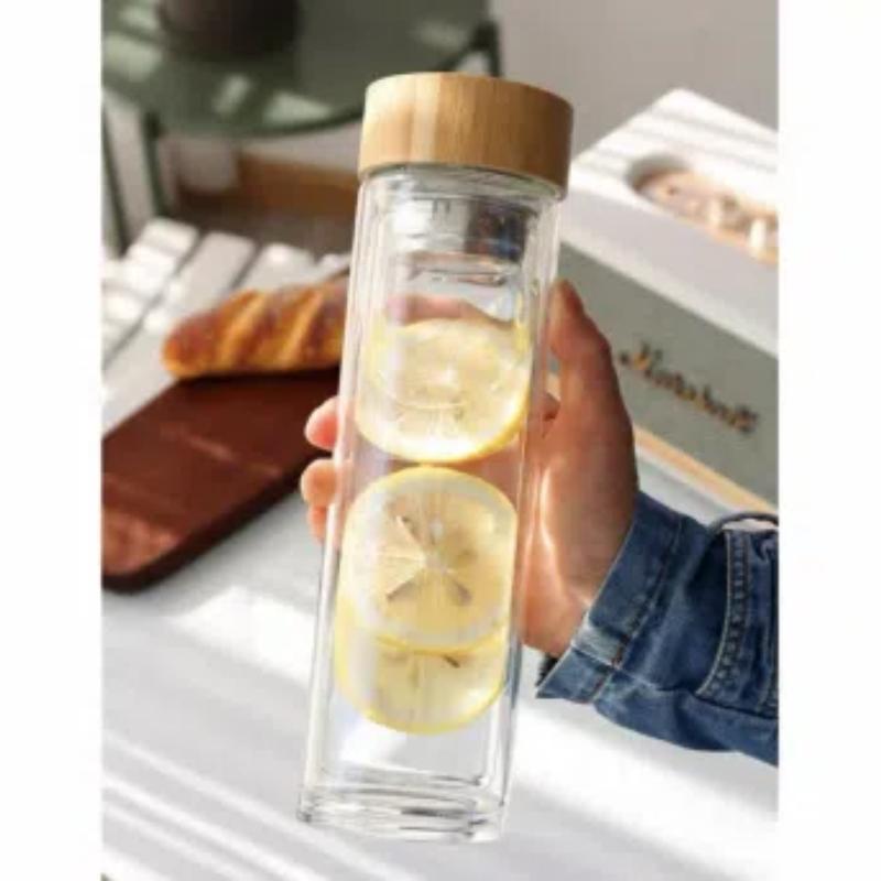 Butelka z podwójnymi ściankami z borokrzemowego szkła z zaparzaczem do herbaty i bambusową pokrywką – Filtr ze stali nierdzewnej, Kubek podróżny do herbaty