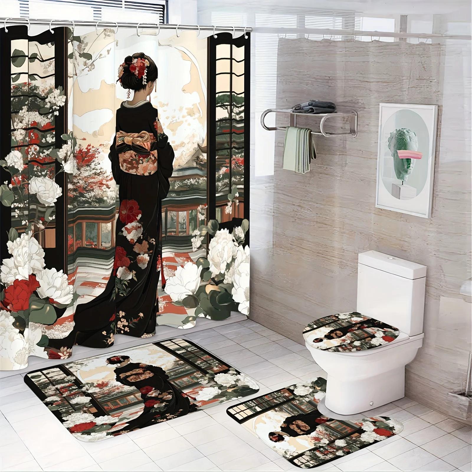 

Elegant Geisha With Floral Kimono Bathroom Set - Waterproof Shower Curtain, Toilet Lid Cover, Bath Mat, And Contour Mat W60H190(CM)-1 Pcs