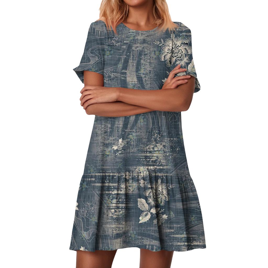 Women's Fashion Casual Round Neck Short Sleeve Ruffled Vintage Printed Dresses