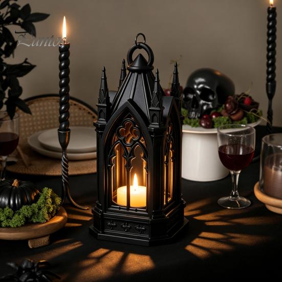 Veelzijdige Plankenstandbeeld Gotische Kathedraal LED Kaarslantaarn, Kerkvormige Vlamloze Theelichtlamp, Feestdecoratie Spookachtige Vintage Bureau Nachtlamp
