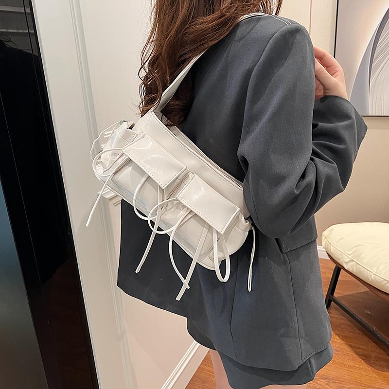Retro Underarm Bag Double Pockets PU Leather Shopping Bag Fashion Solid Designer Armpit Bag Zipper Portable Ladies Chic Hobo Bag