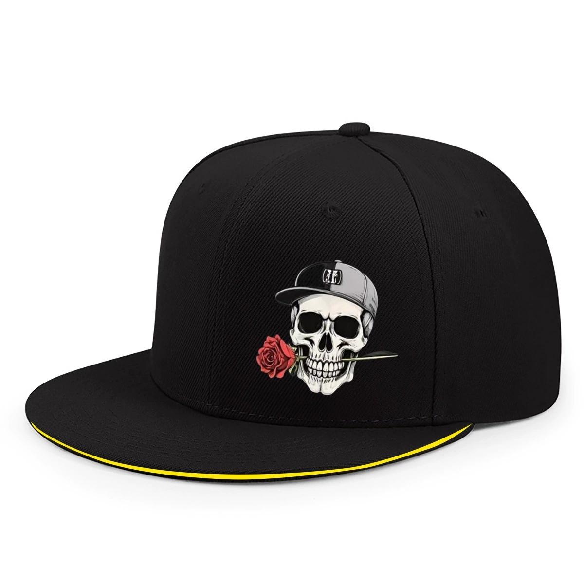 Neue verstellbare Hip-Hop-Baseballkappe mit Totenkopf- und Rosenmotiven, flache Kappe im Vintage-Stil, Schirm für Outdoor-Street-Sport adjustable black