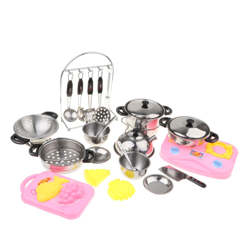 27PCS Stainless Steel Pots and Pans Kitchen Cookware Playset for Kids with Cooking Utensils