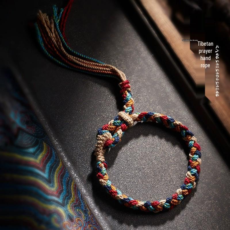 Tibetan Five-Color Handwoven Adjustable Cord Bracelet with Tassel