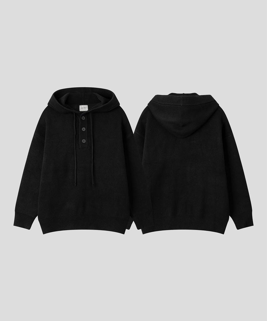 BLACK MOMENT Soft Touch Henley Neck Hooded Knit [Black]