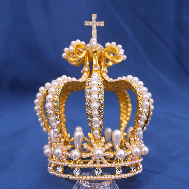 Perleglass Rhinestone Garden Krone Brude Europeisk Prinsesse Tiara Rund Barokk Pageant Kroner Krystall Full Krone Konge Tiara