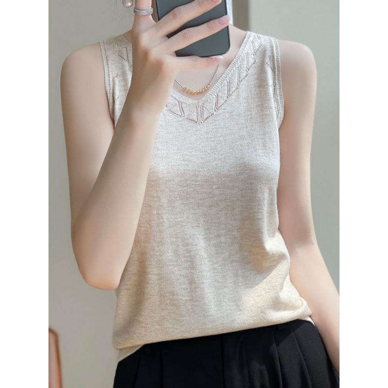 Μοντέρνο και Ευέλικτο Δαντελωτό Μπλουζάκι Γυναικείο V-neck Πλεκτό Εσωτερικό Μπλουζάκι Φαρδύ Εσωτερικό Ρούχο Αμάνικο Top