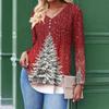 Women's Fashion Casual Christmas Tree Print V-Neck Decorative Button Long Sleeve T-Shirt Top