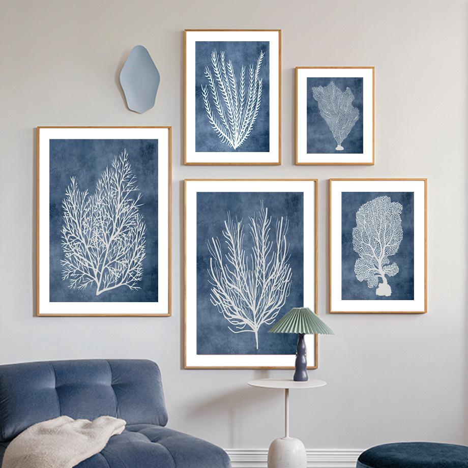 Marineblaue Meereskorallen-Algen-Wand-Kunst-Leinwand-Malerei, nordische Poster und Drucke, Strandhaus-Wandbilder für Wohnzimmer-Dekor
