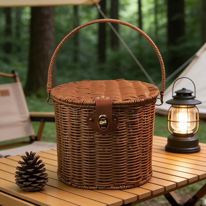Cesto da Picnic in Rattan Intrecciato a Mano Design a Pizzo Cesto Portaoggetti Portatile in Vimini con Coperchio per Campeggio all'Aperto Regalo Decorazione per la Casa