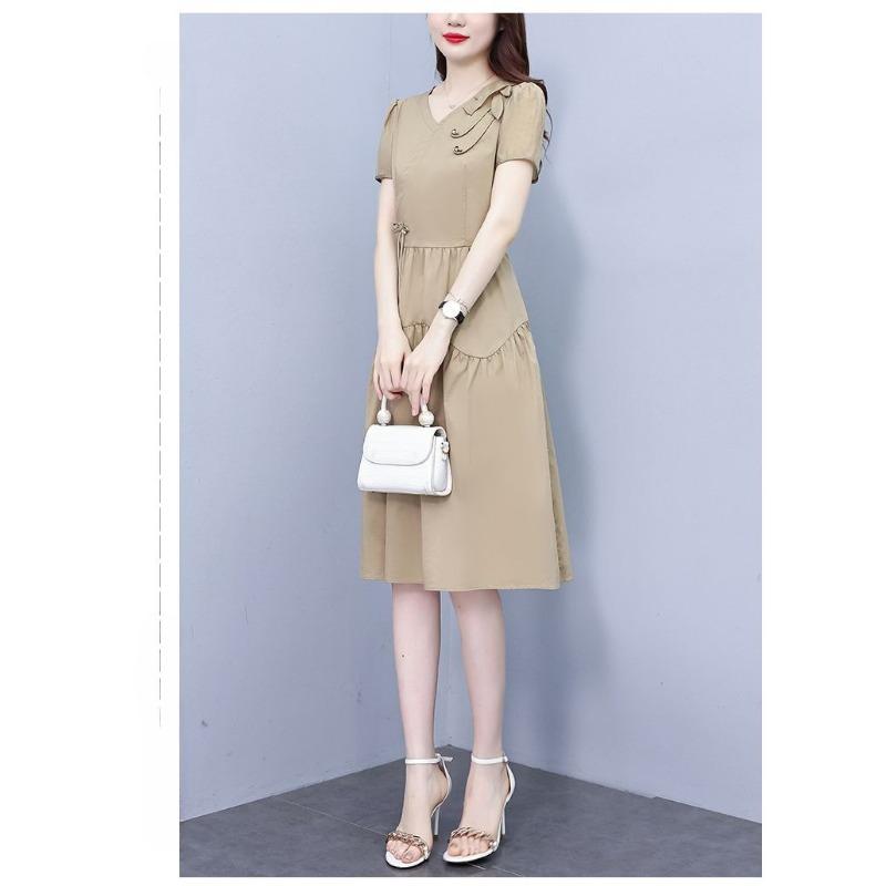 Summer French Elegant Temperament Fashion Casual Dress Age Reducing High Waist Slimming Mid Length Dress for Ladies
