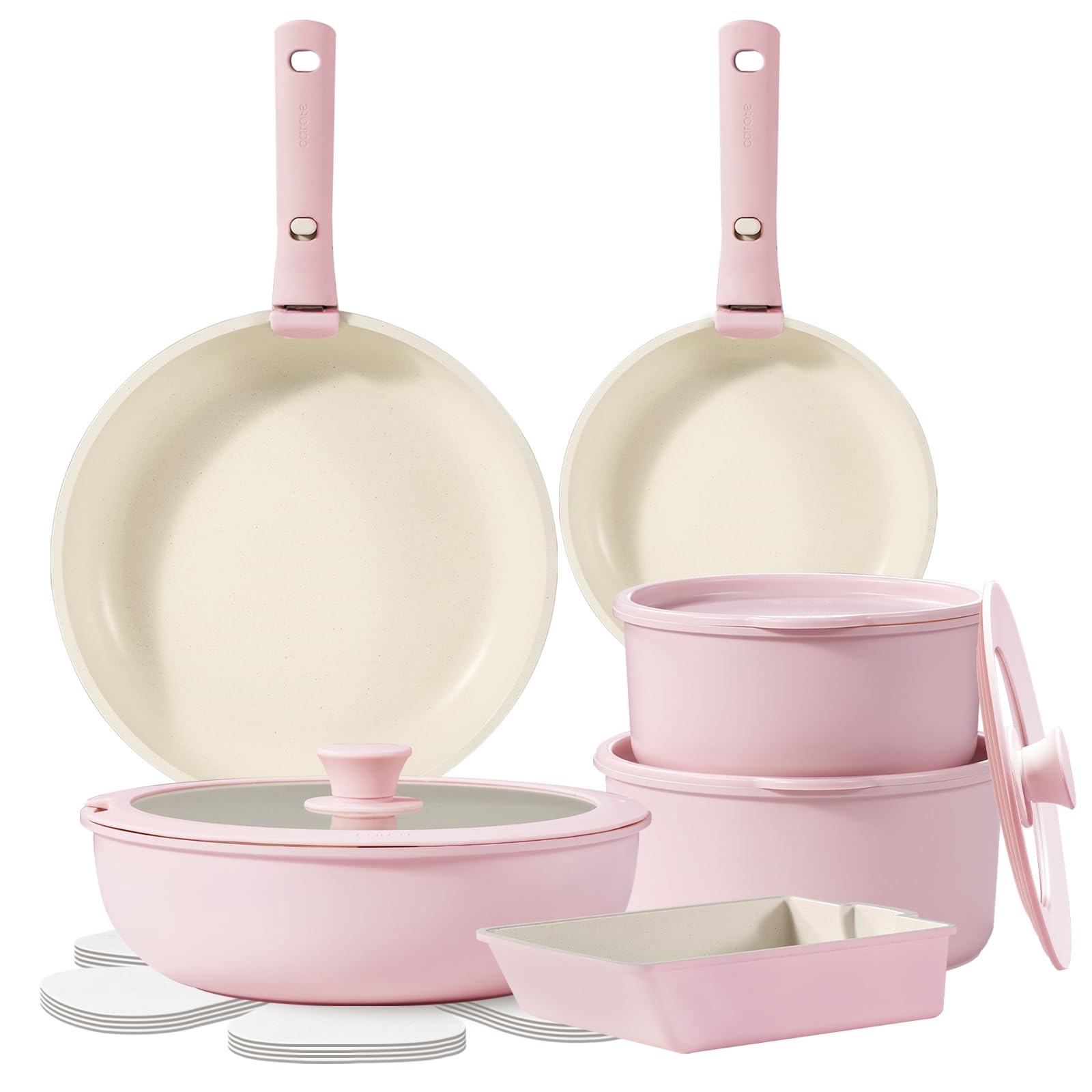 

CAROTE Сковорода Индукционная и Газовая Без ПФОК и других вредных веществ Съемное мраморное покрытие Легко очищать Набор из 16 предметов, Совместимый, Вещества, 5-слойный розовый