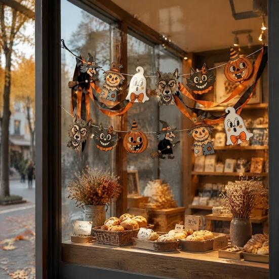 Trick or Treat Party Decor 12Pcs Vintage Halloween Wood Banner, Retro Hanging Banner Garland, Bunting Holiday Fireplace Ornaments Decorations, Spooky