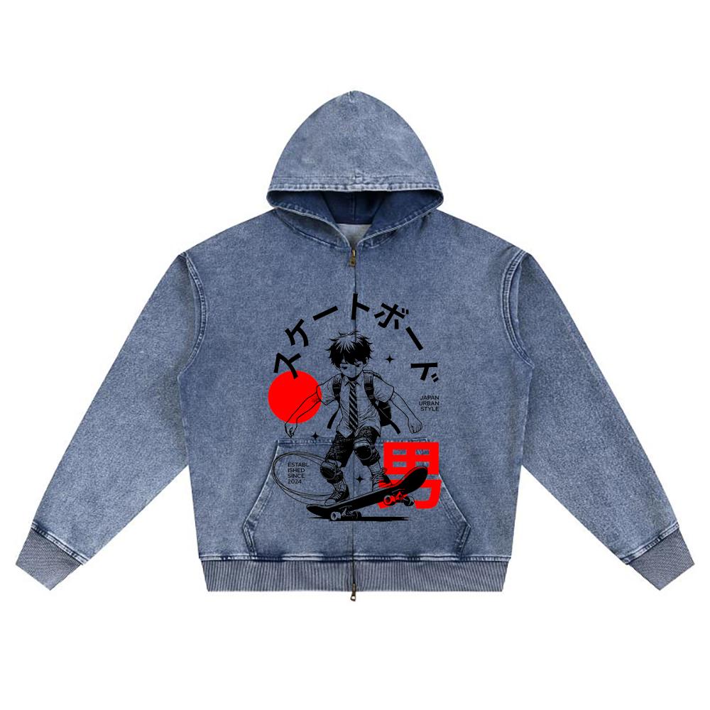 DTG Print Knitted Denim Zip-Up Hoodie Skateboarder Brother Print Zipper Hoodies  