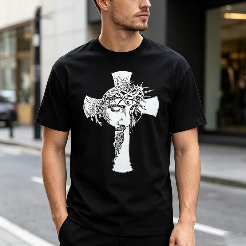 Vintage Sketch Art Jesus Face Cross Print T Shirt Christian Belief Religious Graphic Soft Cotton Tee Casual Daily Apparel