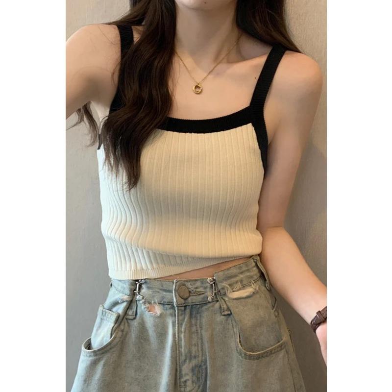 Sommer Damen Schwarz Kontrastfarbe Geripptes Strick Cami Crop Top