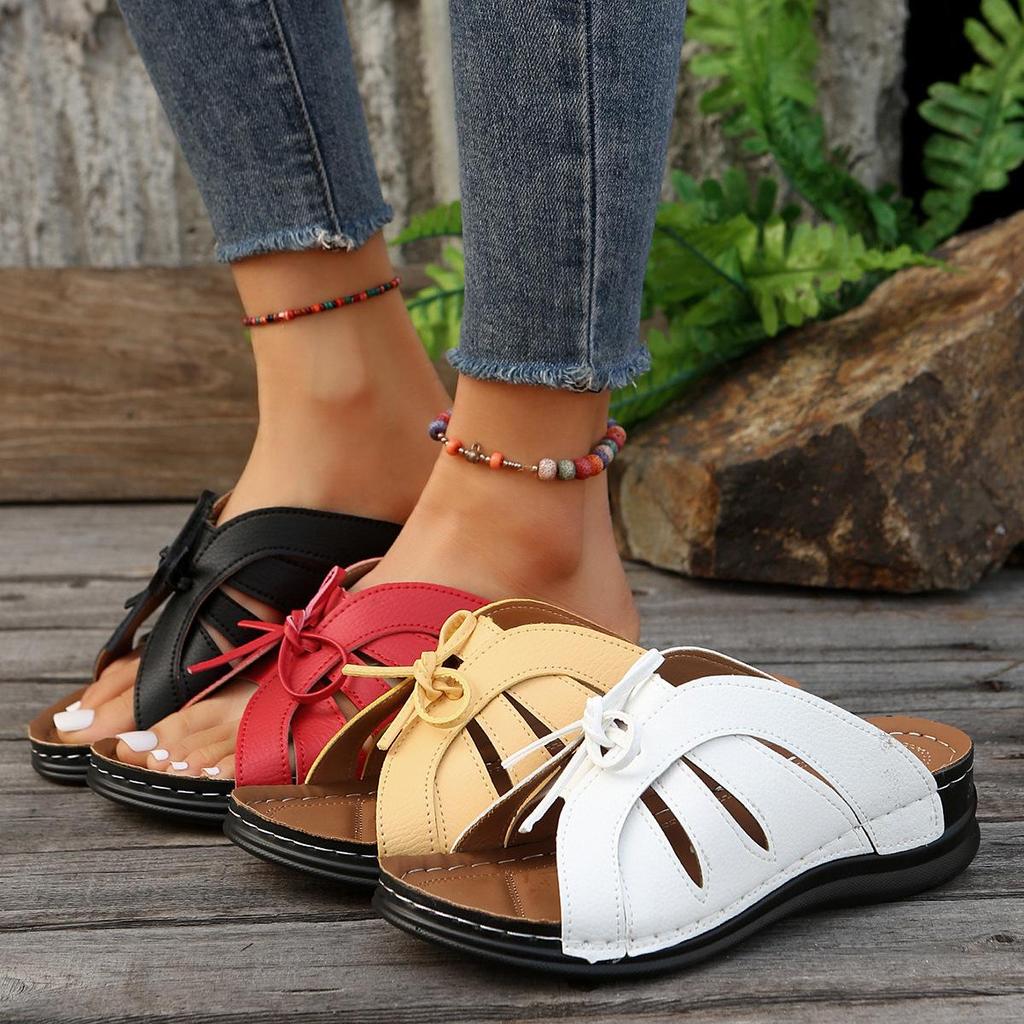 2024 Women's Plus Size Wedge Sandals: Fish Mouth Roman Slippers with Bow Decor & Thick Sole