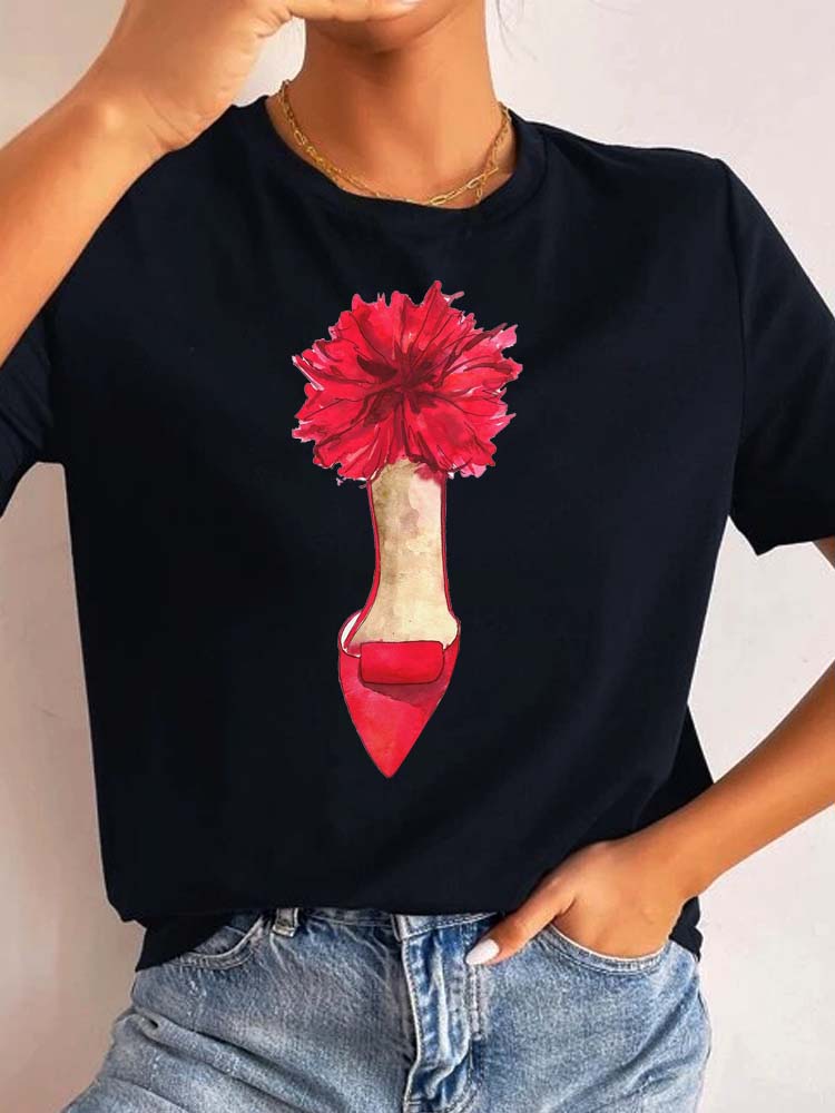 Maycaur New High Heel Wine Glasses Graphic Print T Shirt Women Funny Tshirts Casual White Short Sleeves Tops Tees Feamle Clothes