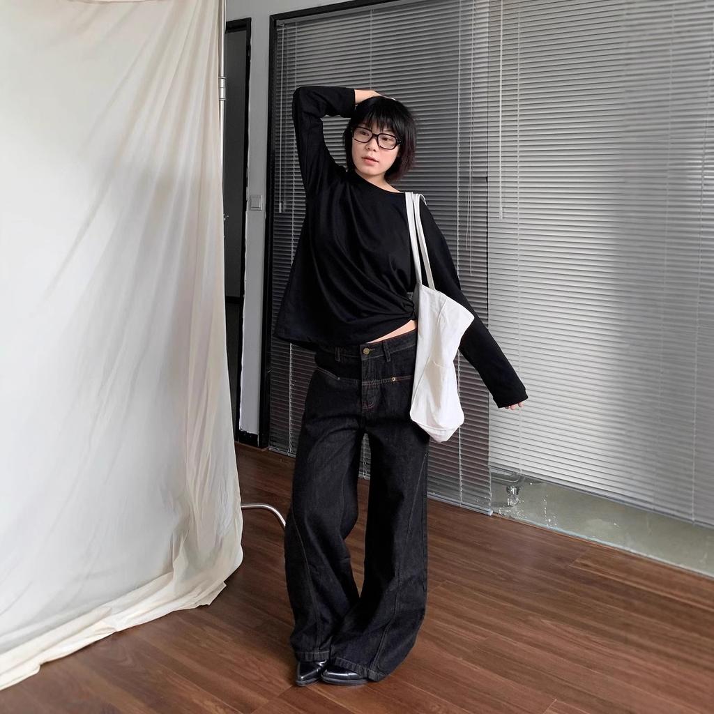 Large size American high street vibe straight jeans women's autumn new design sense loose and thin high-waisted floor pants